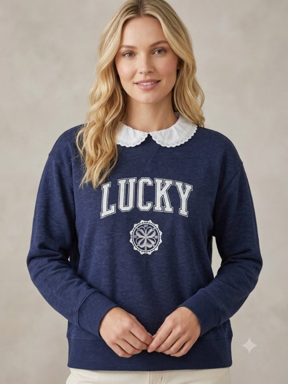 NWT Lucky Brand Navy Blue Collared Graphic Sweatshirt Size XL